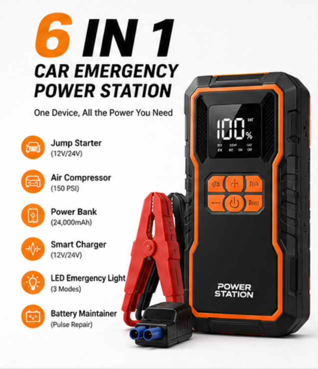 6 in 1 Car Emergency Power Station Jump Starter with Air Compressor