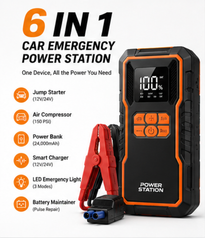 6 in 1 Car Emergency Power Station Jump Starter with Air Compressor