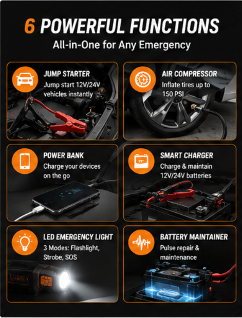 6 in 1 Car Emergency Power Station Jump Starter with Air Compressor