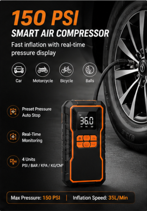 6 in 1 Car Emergency Power Station Jump Starter with Air Compressor