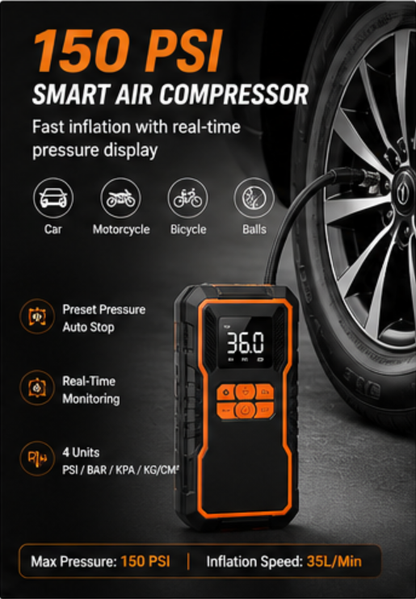 6 in 1 Car Emergency Power Station Jump Starter with Air Compressor