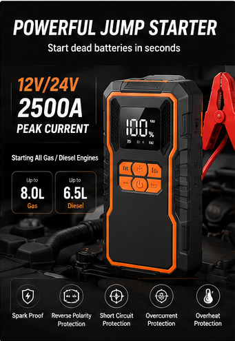 6 in 1 Car Emergency Power Station Jump Starter with Air Compressor
