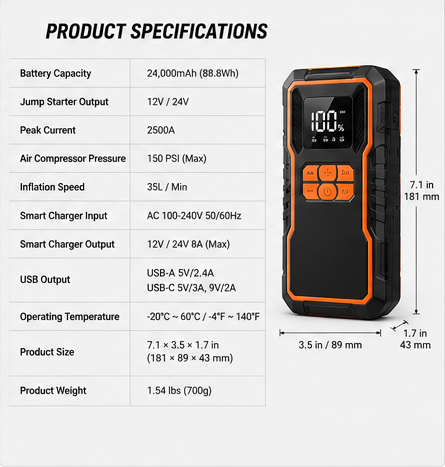 6 in 1 Car Emergency Power Station Jump Starter with Air Compressor