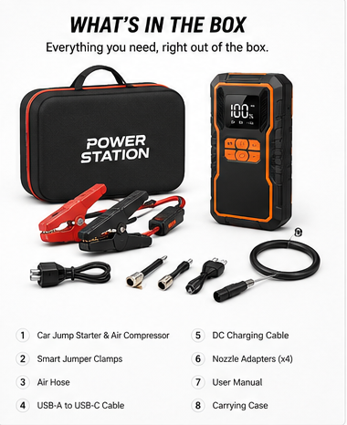 6 in 1 Car Emergency Power Station Jump Starter with Air Compressor