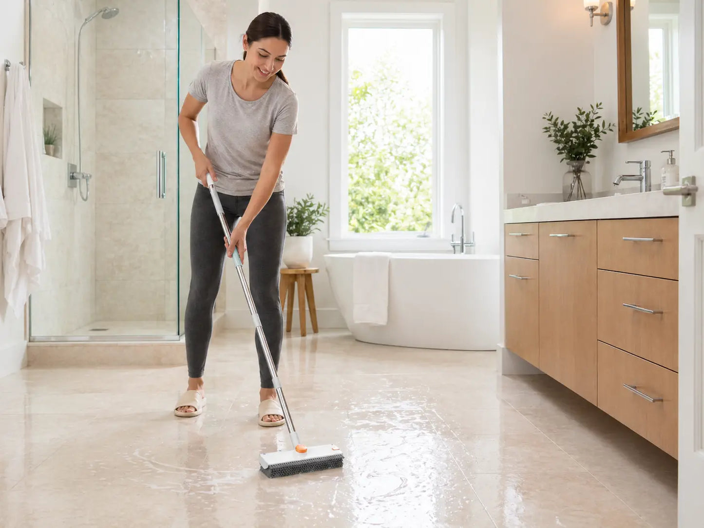 3 In 1 Floor Scrub Brush with Adjustable Long Handle & Built In Scraper